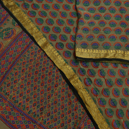 Indian Vintage Sari Brown 100% Pure Silk Printed Saree 5yd Sewing Craft Fabric Dress Making Wrap Floral Zari Crafting Quilting Upcycle