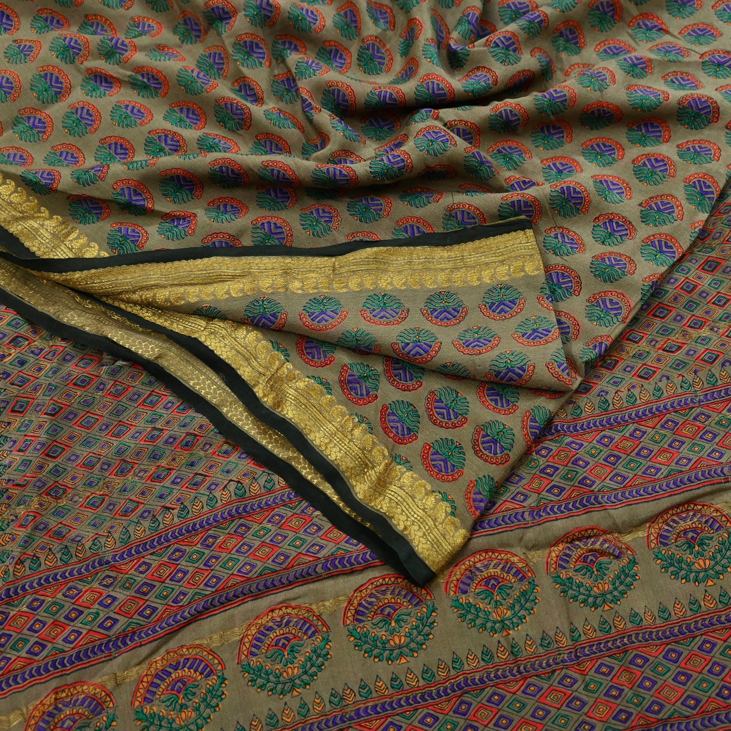 Indian Vintage Sari Brown 100% Pure Silk Printed Saree 5yd Sewing Craft Fabric Dress Making Wrap Floral Zari Crafting Quilting Upcycle