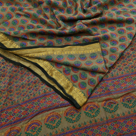 Indian Vintage Sari Brown 100% Pure Silk Printed Saree 5yd Sewing Craft Fabric Dress Making Wrap Floral Zari Crafting Quilting Upcycle