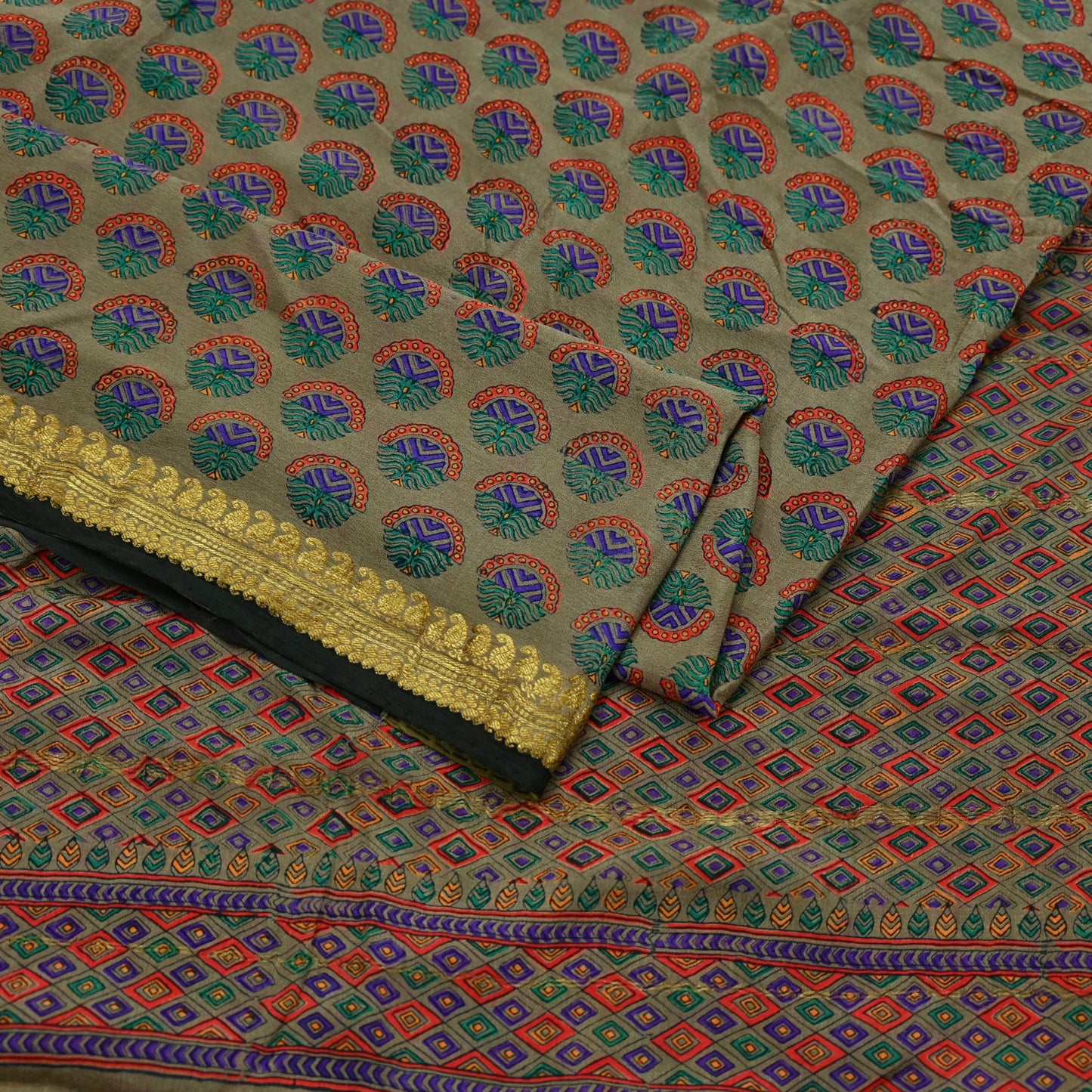 Indian Vintage Sari Brown 100% Pure Silk Printed Saree 5yd Sewing Craft Fabric Dress Making Wrap Floral Zari Crafting Quilting Upcycle