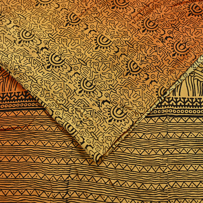 Indian Vintage Sari Orange & Beige Pure Satin Silk Printed Sarees 5yd Sewing Craft Fabric Dress Making Soft Upcycle Quilting Crafting