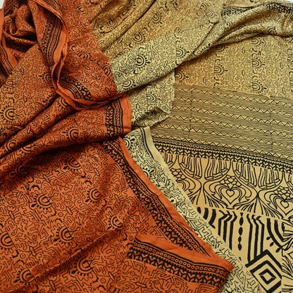 Indian Vintage Sari Orange & Beige Pure Satin Silk Printed Sarees 5yd Sewing Craft Fabric Dress Making Soft Upcycle Quilting Crafting