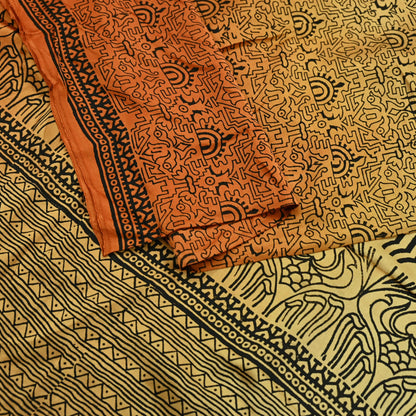 Indian Vintage Sari Orange & Beige Pure Satin Silk Printed Sarees 5yd Sewing Craft Fabric Dress Making Soft Upcycle Quilting Crafting