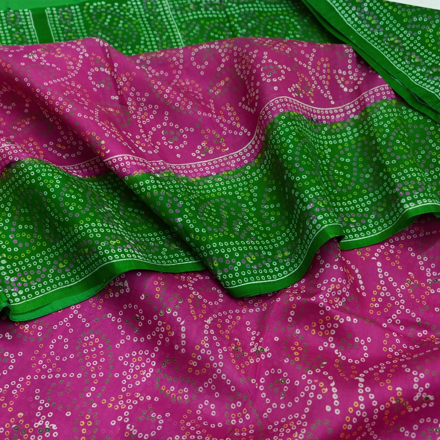 Indian Vintage Sari Pink & Green Pure Silk Bandhani Printed Sarees Fabric 6yd Floral Sewing Traditional Culture Sari Ethnic Fabric