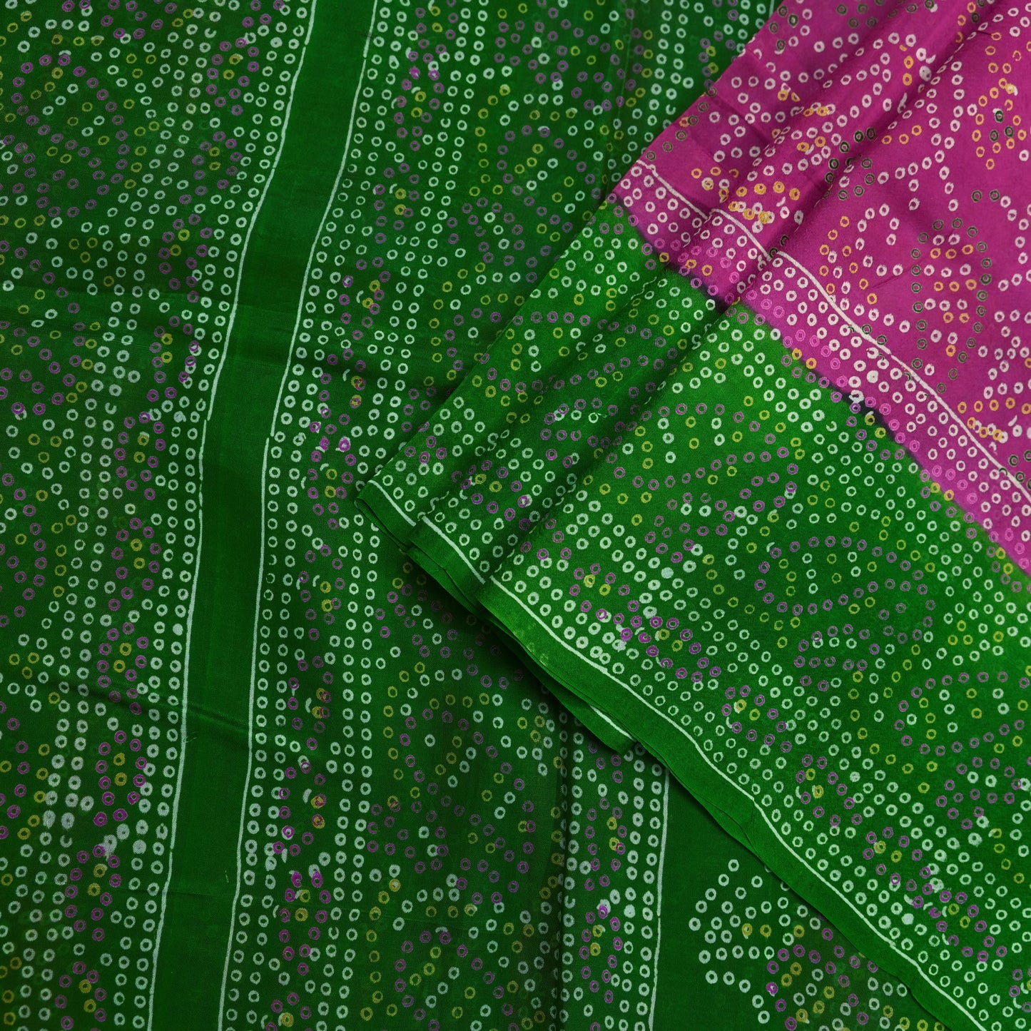 Indian Vintage Sari Pink & Green Pure Silk Bandhani Printed Sarees Fabric 6yd Floral Sewing Traditional Culture Sari Ethnic Fabric