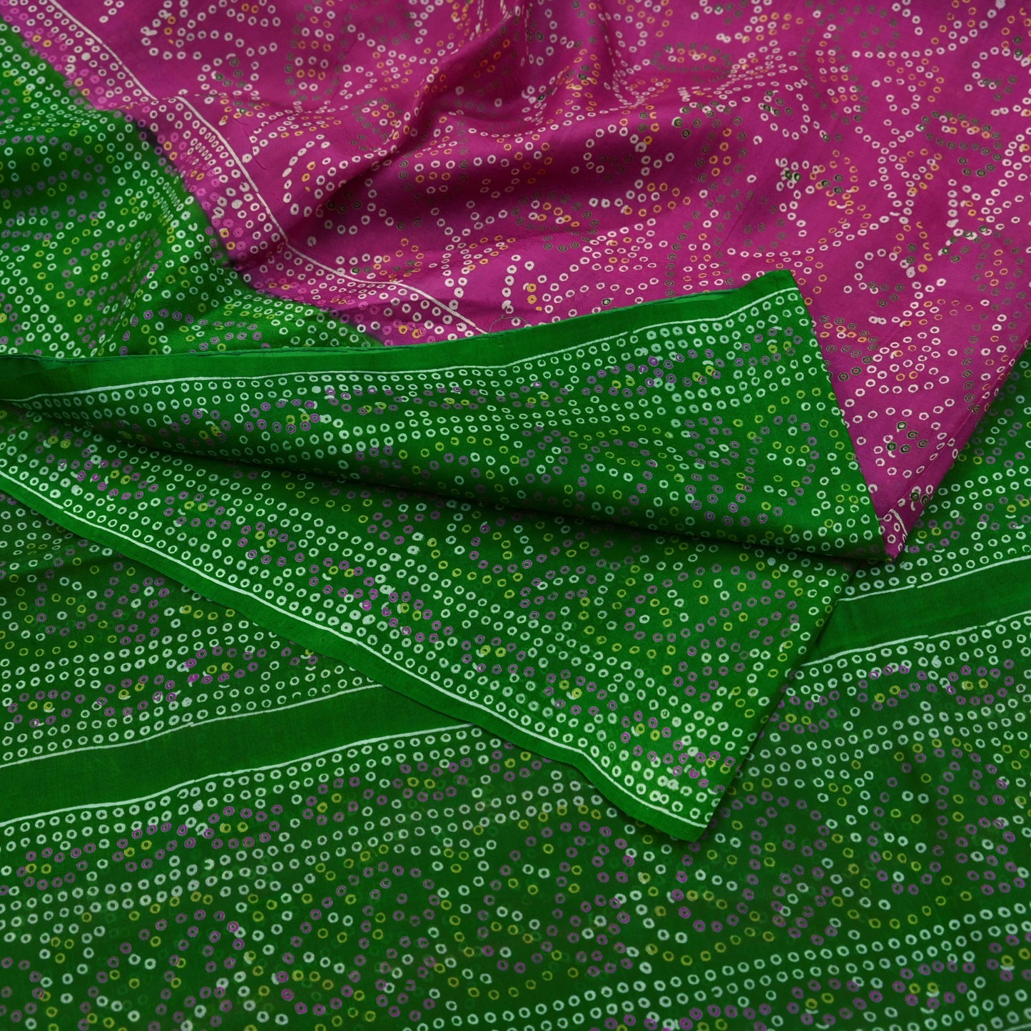 Indian Vintage Sari Pink & Green Pure Silk Bandhani Printed Sarees Fabric 6yd Floral Sewing Traditional Culture Sari Ethnic Fabric