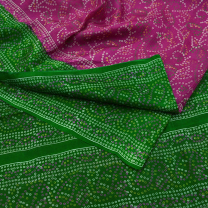 Indian Vintage Sari Pink & Green Pure Silk Bandhani Printed Sarees Fabric 6yd Floral Sewing Traditional Culture Sari Ethnic Fabric