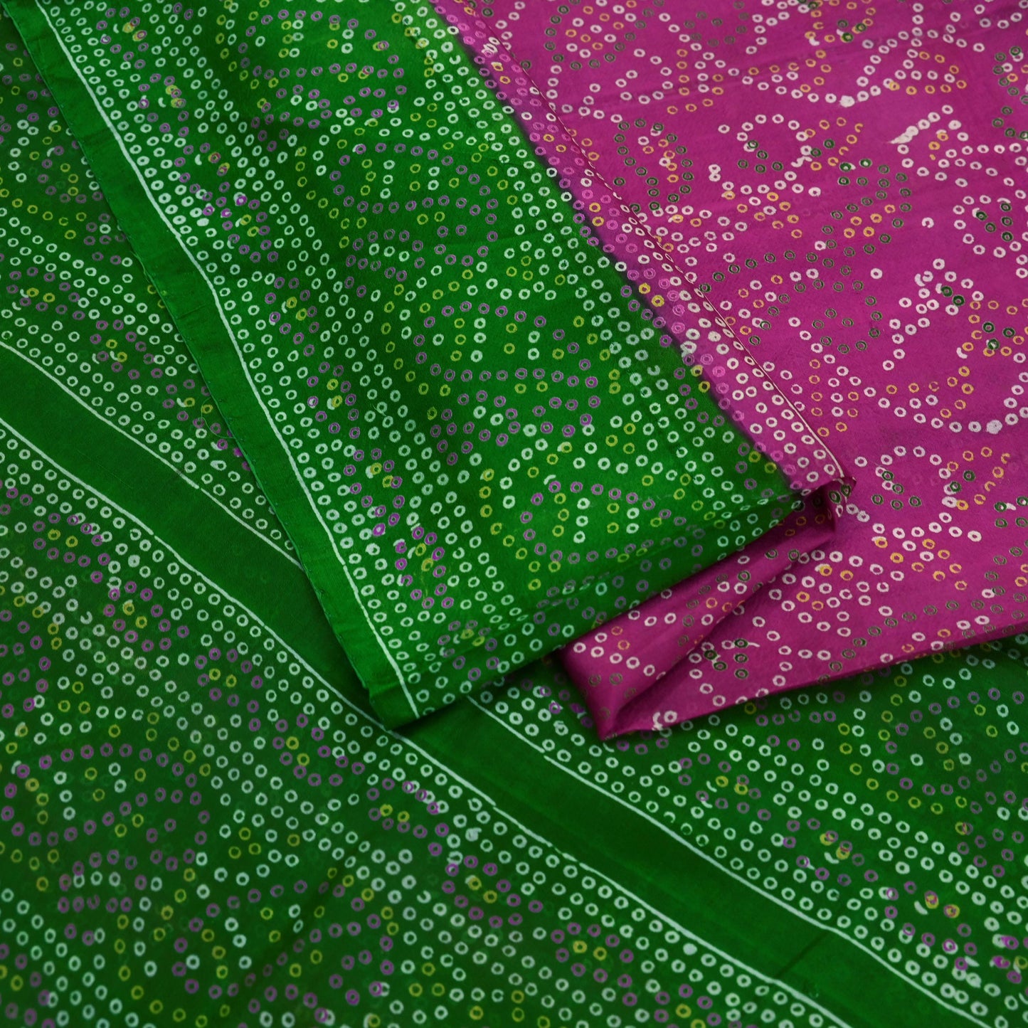 Indian Vintage Sari Pink & Green Pure Silk Bandhani Printed Sarees Fabric 6yd Floral Sewing Traditional Culture Sari Ethnic Fabric