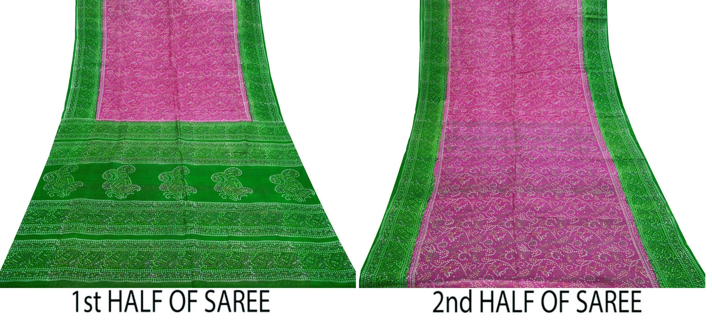 Indian Vintage Sari Pink & Green Pure Silk Bandhani Printed Sarees Fabric 6yd Floral Sewing Traditional Culture Sari Ethnic Fabric