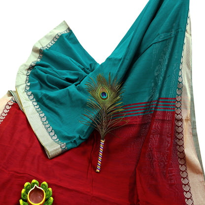 Indian Vintage Green Saree Artificial Silk Embroidered Sari Craft Fabric 5Yd Sewing Stripes Dress making Crafting Quilting Upcycle Fringes