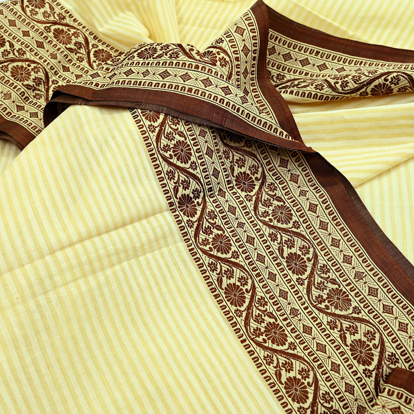 Indian Vintage Sari Brown & Beige Pure Cotton Hand Woven 5Yd Sarees Soft Floral Ethnic Craft Fabric Sewing Dress making Crafting Quilting