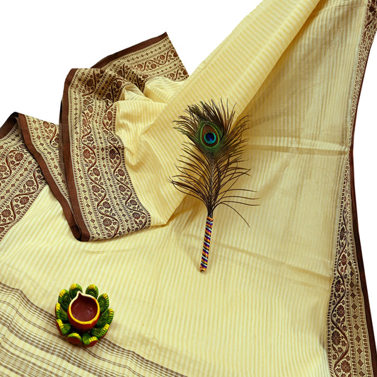 Indian Vintage Sari Brown & Beige Pure Cotton Hand Woven 5Yd Sarees Soft Floral Ethnic Craft Fabric Sewing Dress making Crafting Quilting