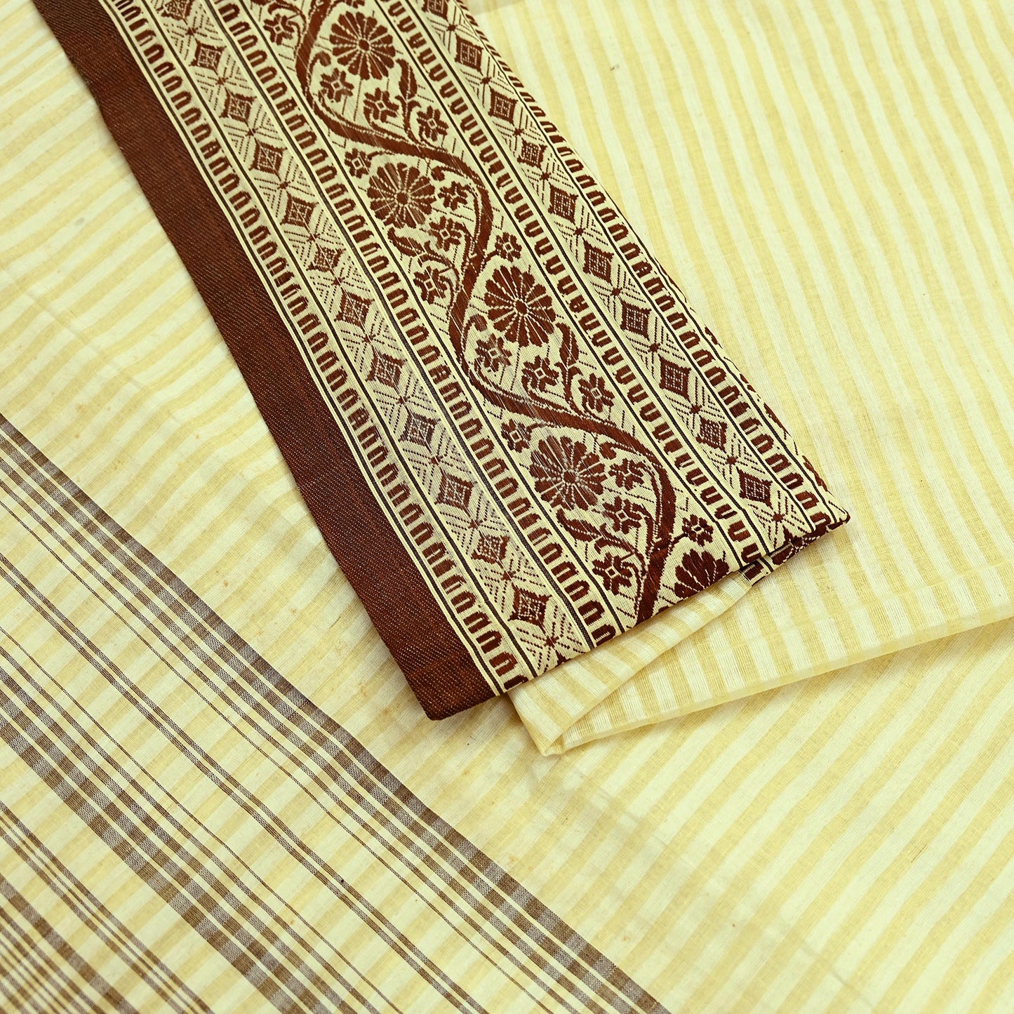 Indian Vintage Sari Brown & Beige Pure Cotton Hand Woven 5Yd Sarees Soft Floral Ethnic Craft Fabric Sewing Dress making Crafting Quilting