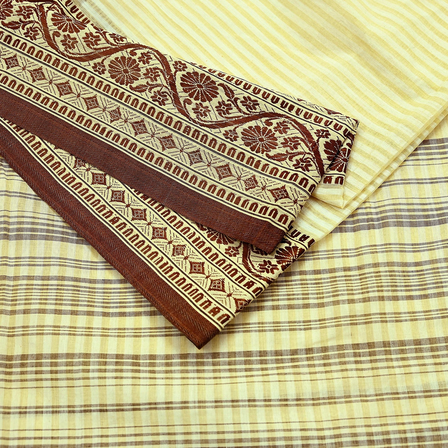Indian Vintage Sari Brown & Beige Pure Cotton Hand Woven 5Yd Sarees Soft Floral Ethnic Craft Fabric Sewing Dress making Crafting Quilting