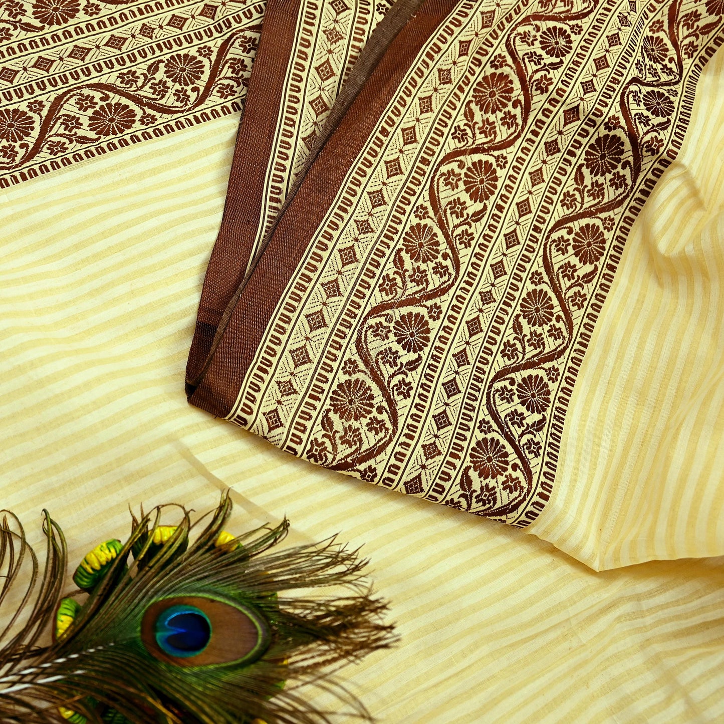 Indian Vintage Sari Brown & Beige Pure Cotton Hand Woven 5Yd Sarees Soft Floral Ethnic Craft Fabric Sewing Dress making Crafting Quilting