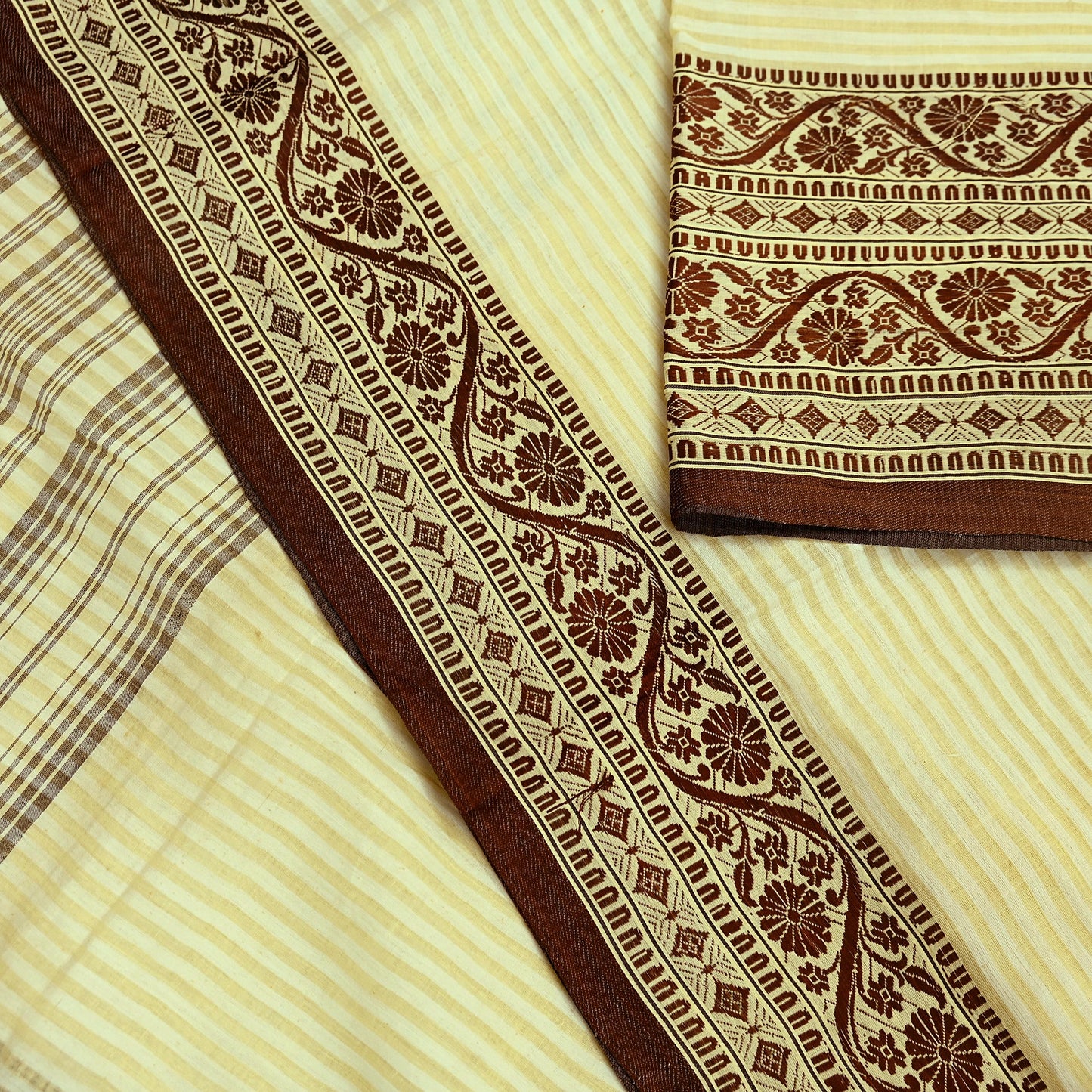 Indian Vintage Sari Brown & Beige Pure Cotton Hand Woven 5Yd Sarees Soft Floral Ethnic Craft Fabric Sewing Dress making Crafting Quilting