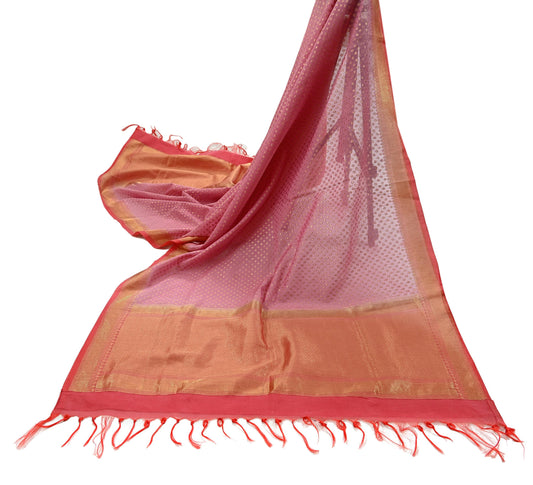 Indian Vintage Peach & Pink Dupatta Long Stole Art Silk Woven Brocade Scarves Veil Scarf Wrap Hippie Boho Soft Floral Fringes