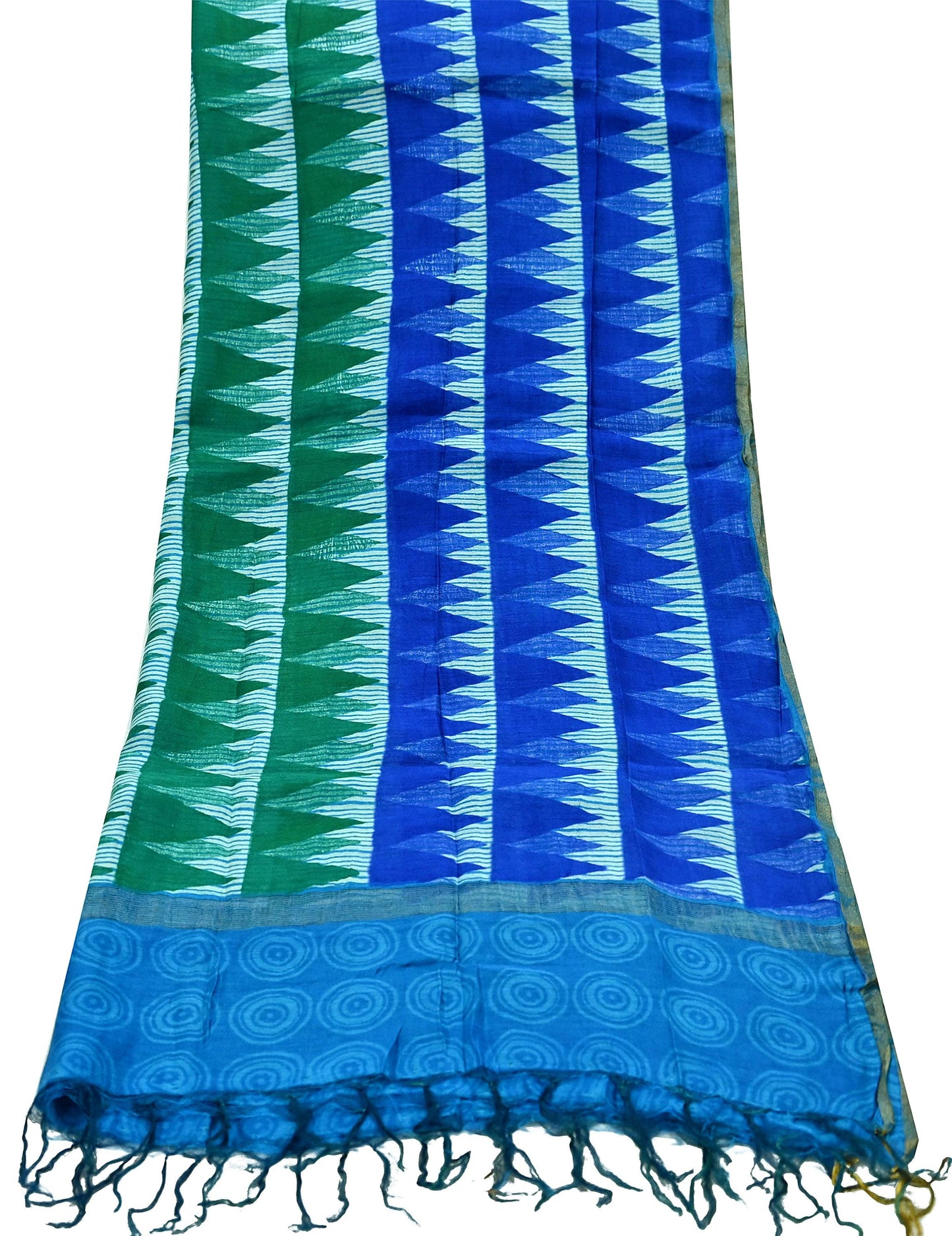 Indian Vintage Green & Blue Dupatta Long Stole Block Print Pure Chanderi Silk Indian Scarves Veil Golden Zari Floral Design For her