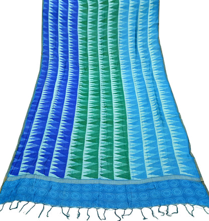 Indian Vintage Green & Blue Dupatta Long Stole Block Print Pure Chanderi Silk Indian Scarves Veil Golden Zari Floral Design For her