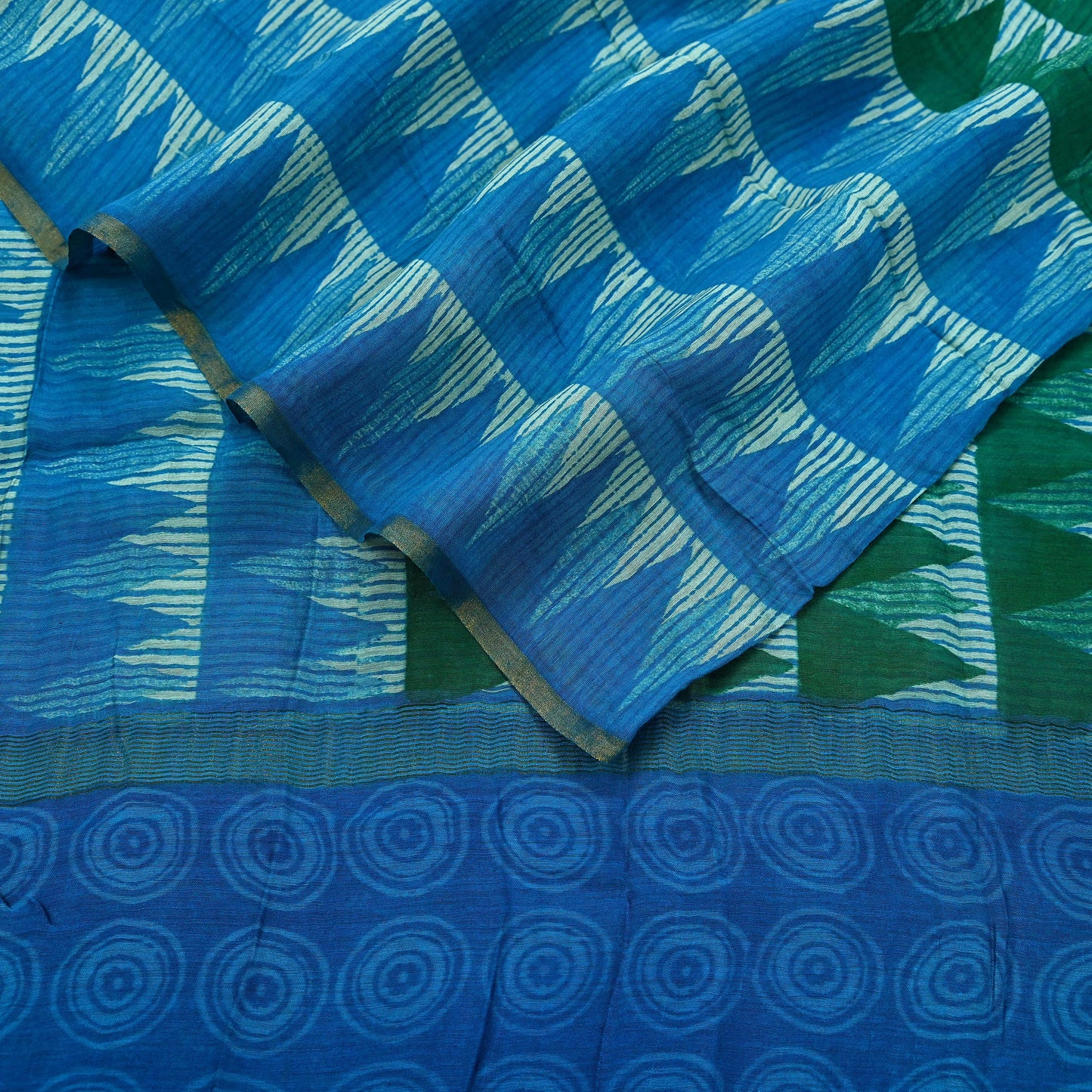 Indian Vintage Green & Blue Dupatta Long Stole Block Print Pure Chanderi Silk Indian Scarves Veil Golden Zari Floral Design For her
