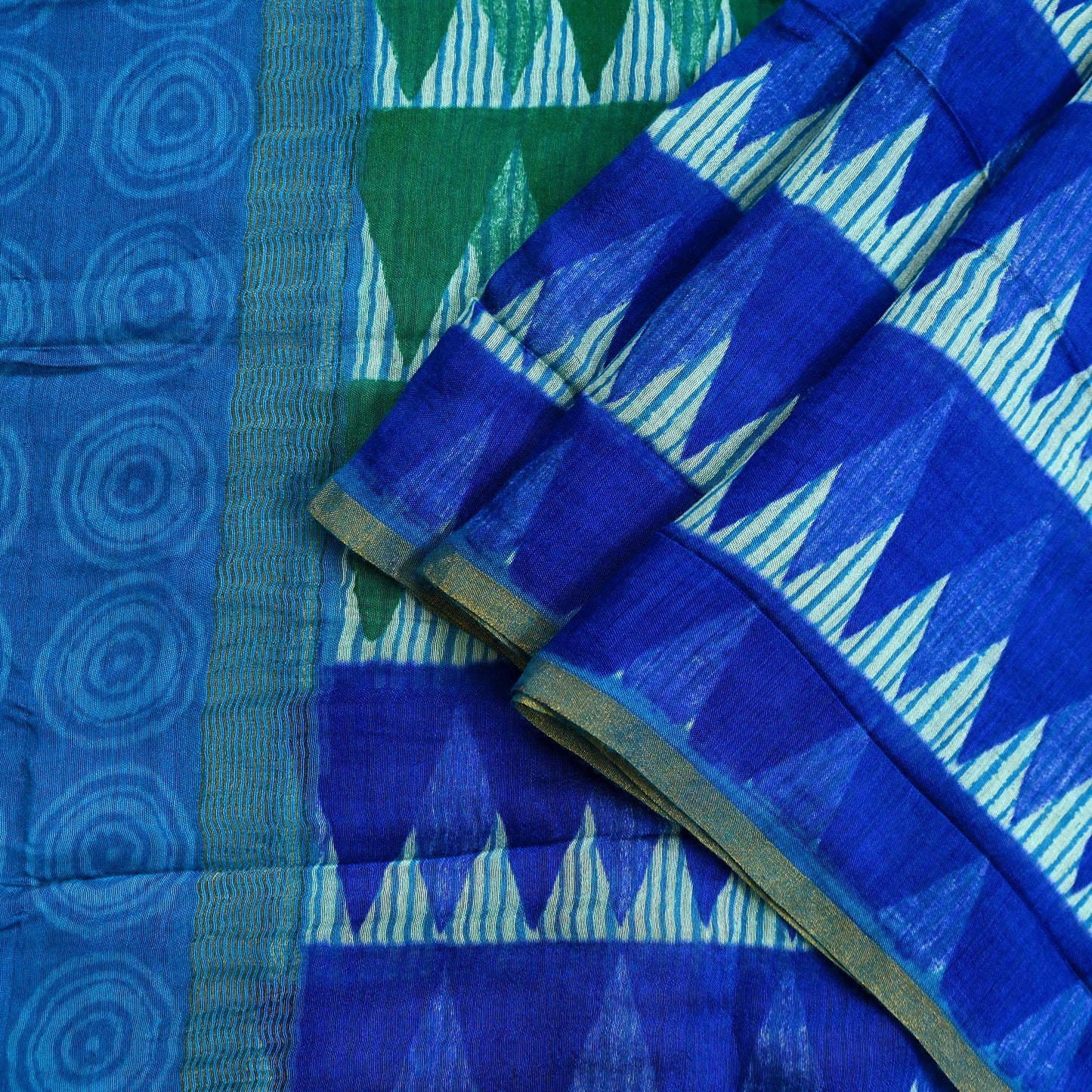 Indian Vintage Green & Blue Dupatta Long Stole Block Print Pure Chanderi Silk Indian Scarves Veil Golden Zari Floral Design For her