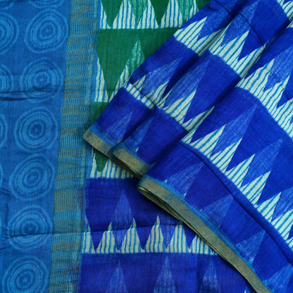 Indian Vintage Green & Blue Dupatta Long Stole Block Print Pure Chanderi Silk Indian Scarves Veil Golden Zari Floral Design For her