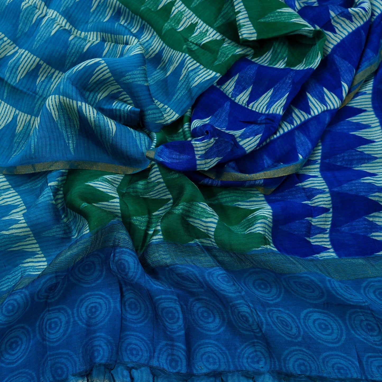 Indian Vintage Green & Blue Dupatta Long Stole Block Print Pure Chanderi Silk Indian Scarves Veil Golden Zari Floral Design For her