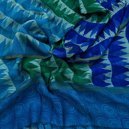 Indian Vintage Green & Blue Dupatta Long Stole Block Print Pure Chanderi Silk Indian Scarves Veil Golden Zari Floral Design For her