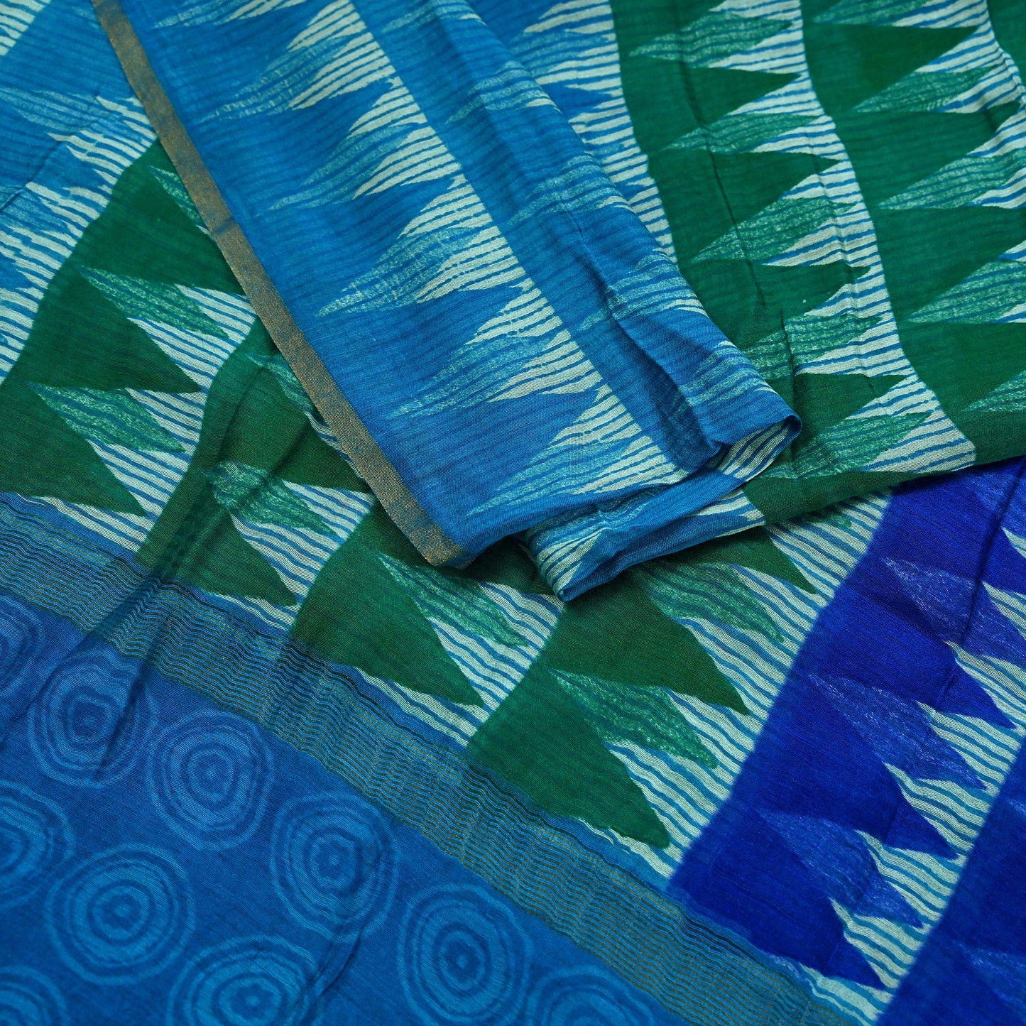 Indian Vintage Green & Blue Dupatta Long Stole Block Print Pure Chanderi Silk Indian Scarves Veil Golden Zari Floral Design For her