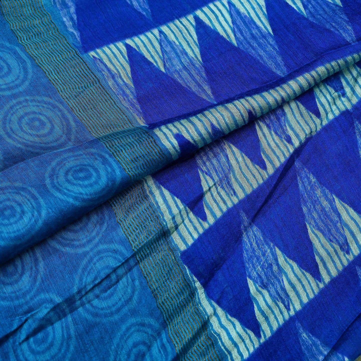 Indian Vintage Green & Blue Dupatta Long Stole Block Print Pure Chanderi Silk Indian Scarves Veil Golden Zari Floral Design For her