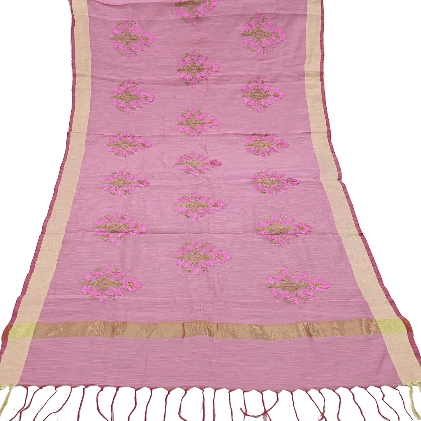 Indian Vintage Dupatta Pink Long Stole Hand Woven Chanderi Scarf Veil Soft Floral Zari Fringes