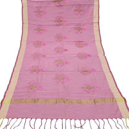 Indian Vintage Dupatta Pink Long Stole Hand Woven Chanderi Scarf Veil Soft Floral Zari Fringes