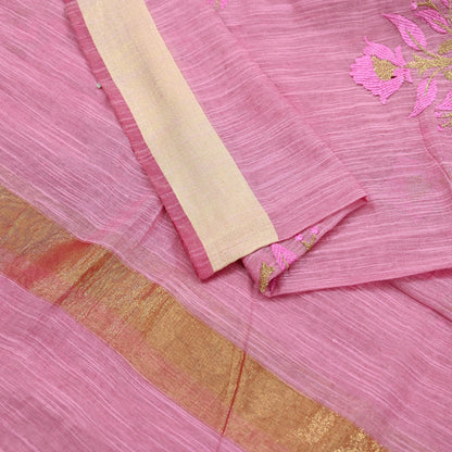 Indian Vintage Dupatta Pink Long Stole Hand Woven Chanderi Scarf Veil Soft Floral Zari Fringes