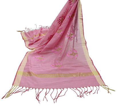 Indian Vintage Dupatta Pink Long Stole Hand Woven Chanderi Scarf Veil Soft Floral Zari Fringes