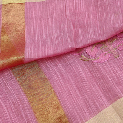 Indian Vintage Dupatta Pink Long Stole Hand Woven Chanderi Scarf Veil Soft Floral Zari Fringes