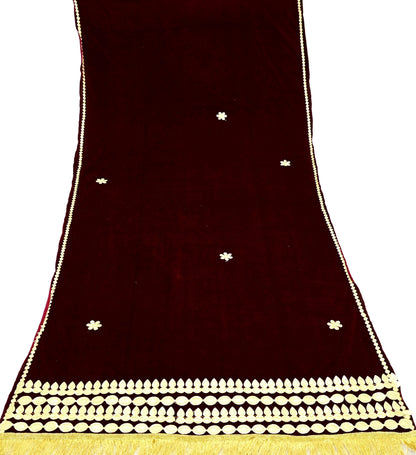Indian Vintage Dupatta Maroon Velvet Long Stole Embroidered Scarves Golden Gota Patti Stole