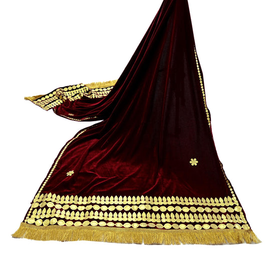 Indian Vintage Dupatta Maroon Velvet Long Stole Embroidered Scarves Golden Gota Patti Stole