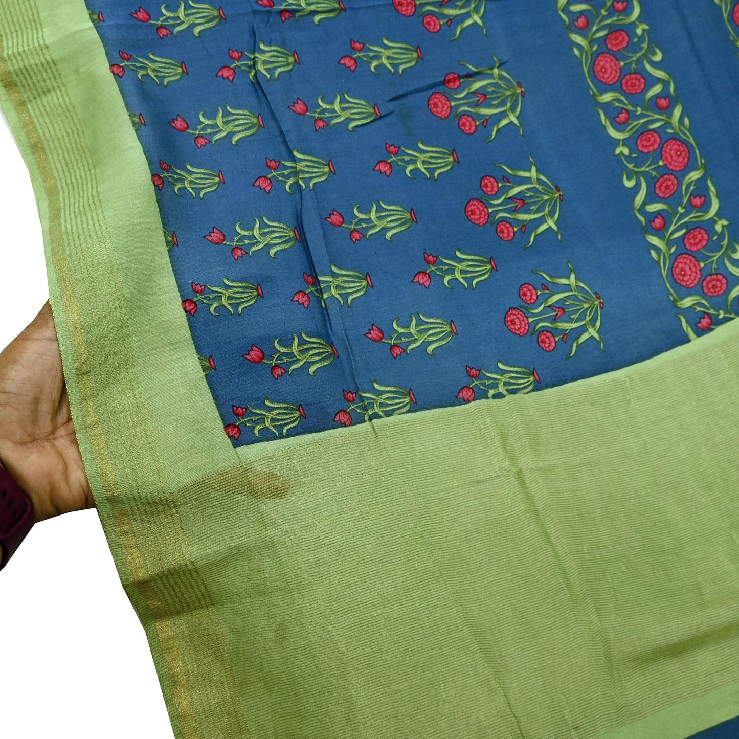 Indian Vintage Green & Blue Dupatta Long Stole Block Print Pure Chanderi Silk Indian Scarves Veil Golden Zari Floral Design For her
