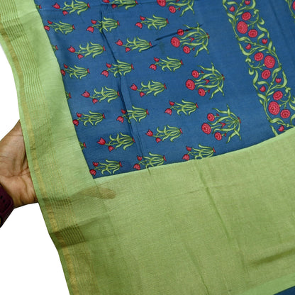 Indian Vintage Green & Blue Dupatta Long Stole Block Print Pure Chanderi Silk Indian Scarves Veil Golden Zari Floral Design For her
