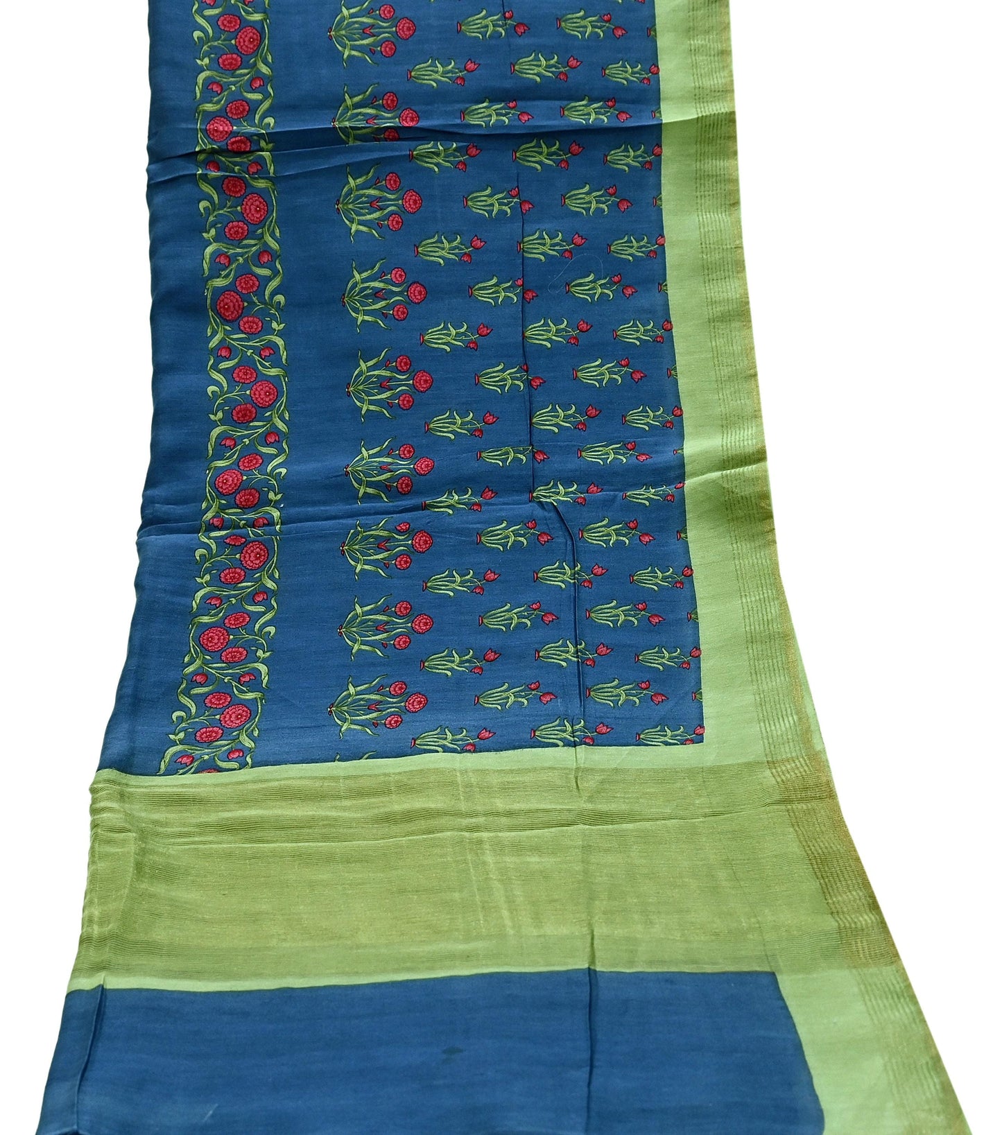 Indian Vintage Green & Blue Dupatta Long Stole Block Print Pure Chanderi Silk Indian Scarves Veil Golden Zari Floral Design For her