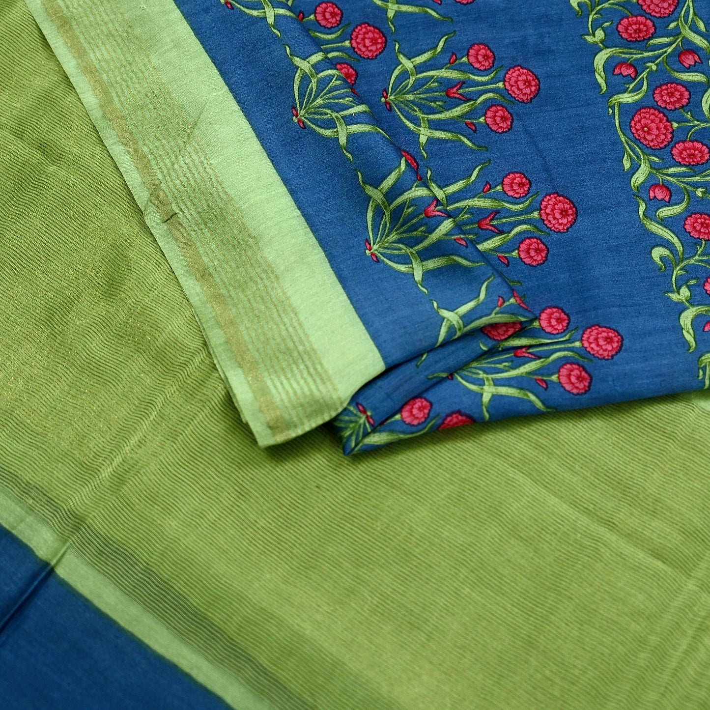 Indian Vintage Green & Blue Dupatta Long Stole Block Print Pure Chanderi Silk Indian Scarves Veil Golden Zari Floral Design For her