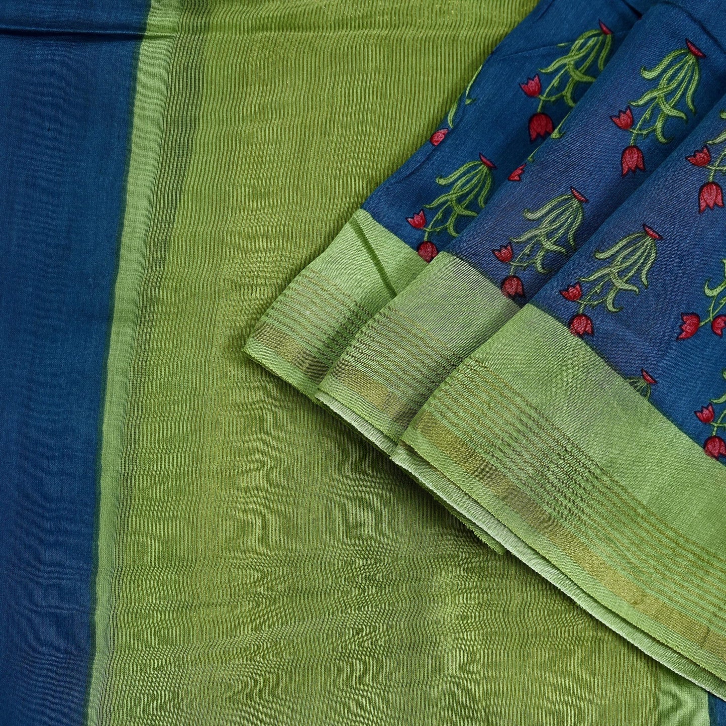 Indian Vintage Green & Blue Dupatta Long Stole Block Print Pure Chanderi Silk Indian Scarves Veil Golden Zari Floral Design For her