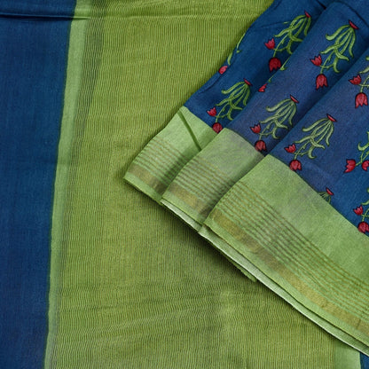 Indian Vintage Green & Blue Dupatta Long Stole Block Print Pure Chanderi Silk Indian Scarves Veil Golden Zari Floral Design For her