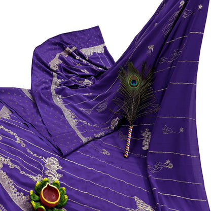 Indian Vintage Heavy Sarees Purple Pure Crepe Silk Hand Embroidered Sari Craft Fabric 5Yd Sewing Zardozi/Dabka Dress making
