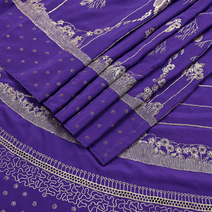 Indian Vintage Heavy Sarees Purple Pure Crepe Silk Hand Embroidered Sari Craft Fabric 5Yd Sewing Zardozi/Dabka Dress making