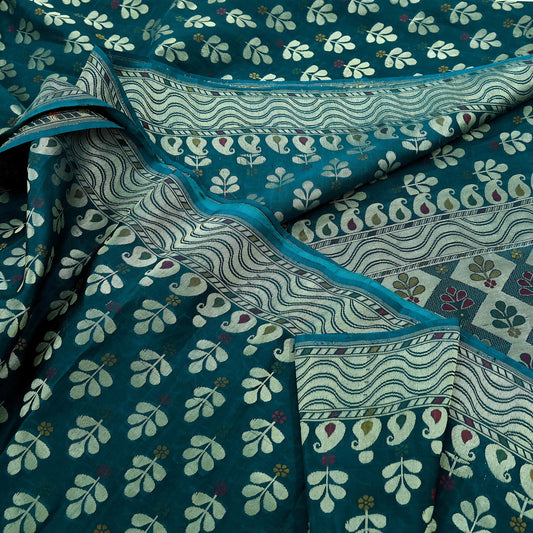 Indian Vintage Heavy Blue Saree Pure Silk Hand Woven Sari Craft Fabric 5Yd Sewing Soft Ethnic Dress Making Wedding Sari Zari