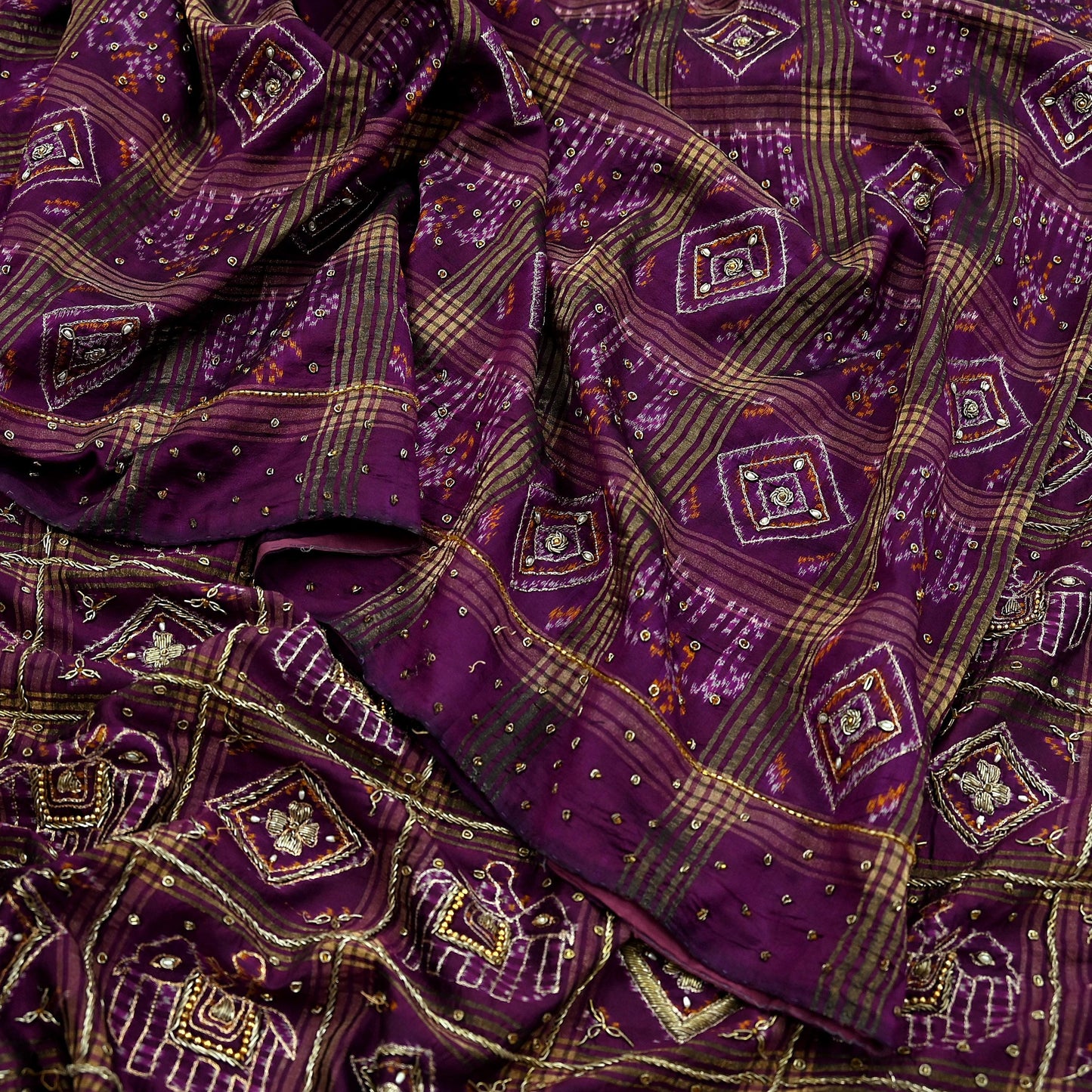 Indian Vintage Heavy Sari Purple Pure Silk Hand Embroidered Ikat Saree 5Yd Craft Fabric Ethnic Zardozi Zari Wedding Sarees Dress making
