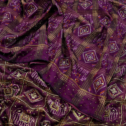 Indian Vintage Heavy Sari Purple Pure Silk Hand Embroidered Ikat Saree 5Yd Craft Fabric Ethnic Zardozi Zari Wedding Sarees Dress making