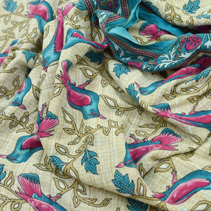 Indian Vintage Sari Blue & Beige Printed 100% Pure Cotton Sarees Craft Fabric 5Yd Sewing Soft Sarong Wrap Floral Dress Making Shrug Quilting