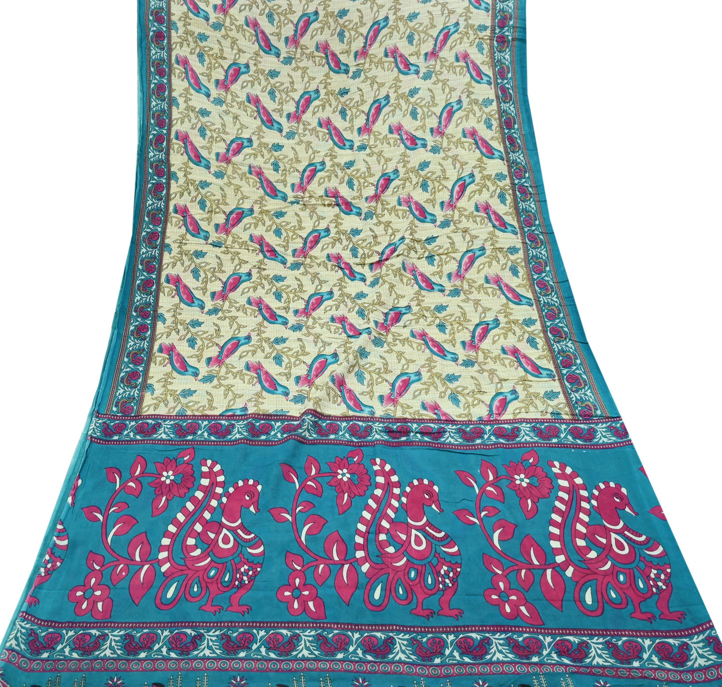 Indian Vintage Sari Blue & Beige Printed 100% Pure Cotton Sarees Craft Fabric 5Yd Sewing Soft Sarong Wrap Floral Dress Making Shrug Quilting